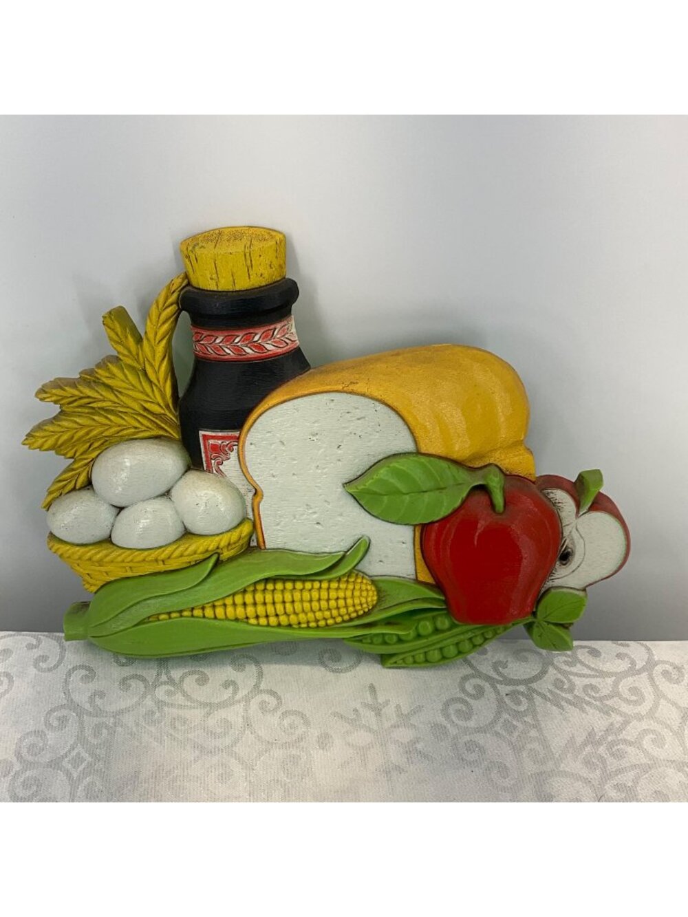 Vintage Syroco Wall Hanging Kitchen Decor Bread Eggs Apples Corn Bottle 1965